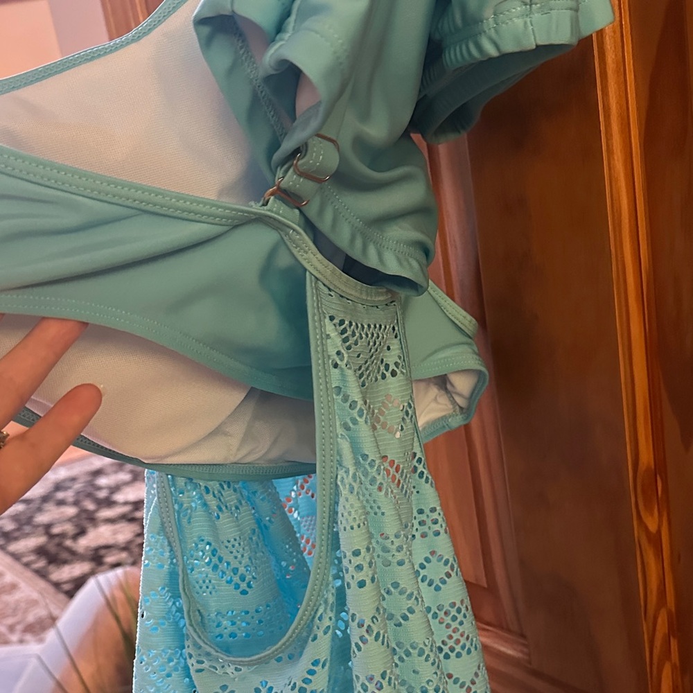Blue Patterned bathing suit with built-in cover top and shorts - Picture 3 of 5